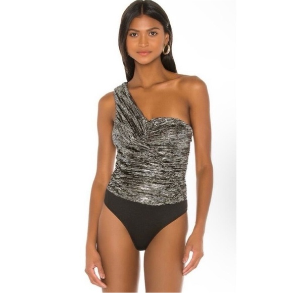 h:ours Black and Silver One-Shoulder Bodysuit - Picture 1 of 5